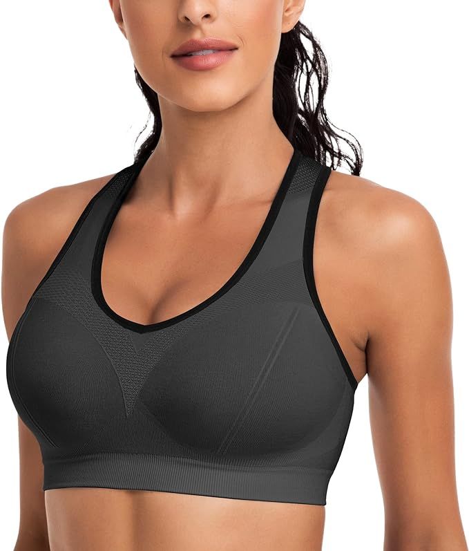 Padded sports bras with a strappy back, offering medium-impact support and comfort during various activities.