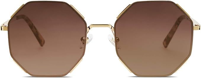 Retro-inspired polygon-shaped sunglasses with UV400 protection, featuring a gold frame and gradient brown lenses.