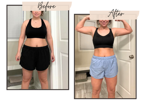 A before and after picture of a woman standing in front of a door.