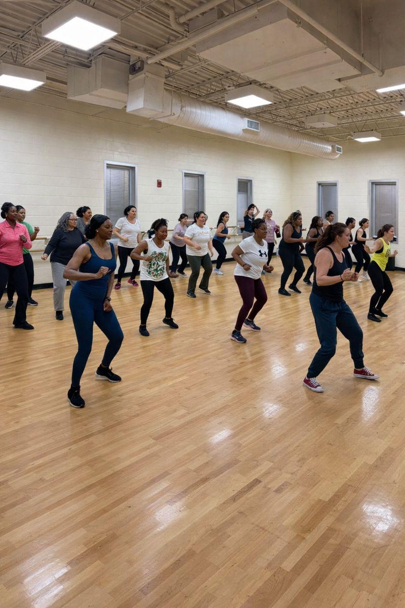 Group dance fitness class in a bright studio, with people in athletic wear following choreography.