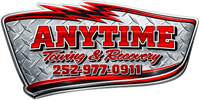 Logo for Anytime Towing & Recovery with phone number. Red text on diamond plate background.