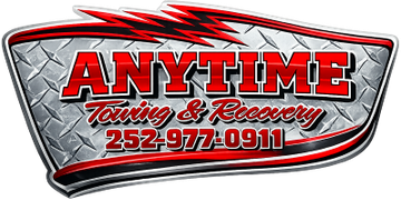 Logo for Anytime Towing & Recovery with phone number. Red text on diamond plate background.