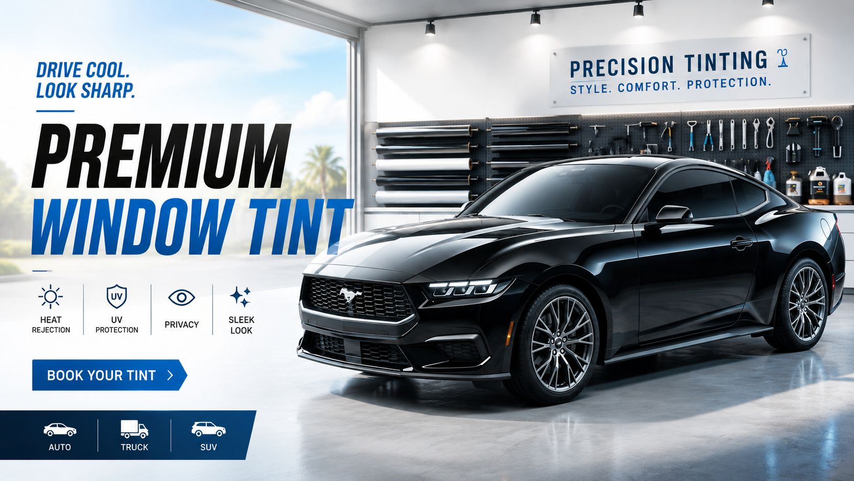 Premium window tint ad showing a black car in a bright garage with “Precision Tinting” text.