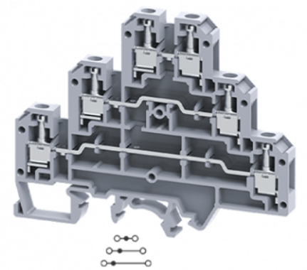 Clema 24A, 500V, 3x(1&1) Triple Nivel, Montaje Riel DIN 35 y 15mm  Calibre 22 a 12 AWG CTL2.5U