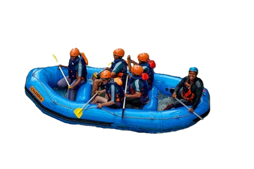 Group of rafters in orange helmets paddling a blue inflatable raft on white water