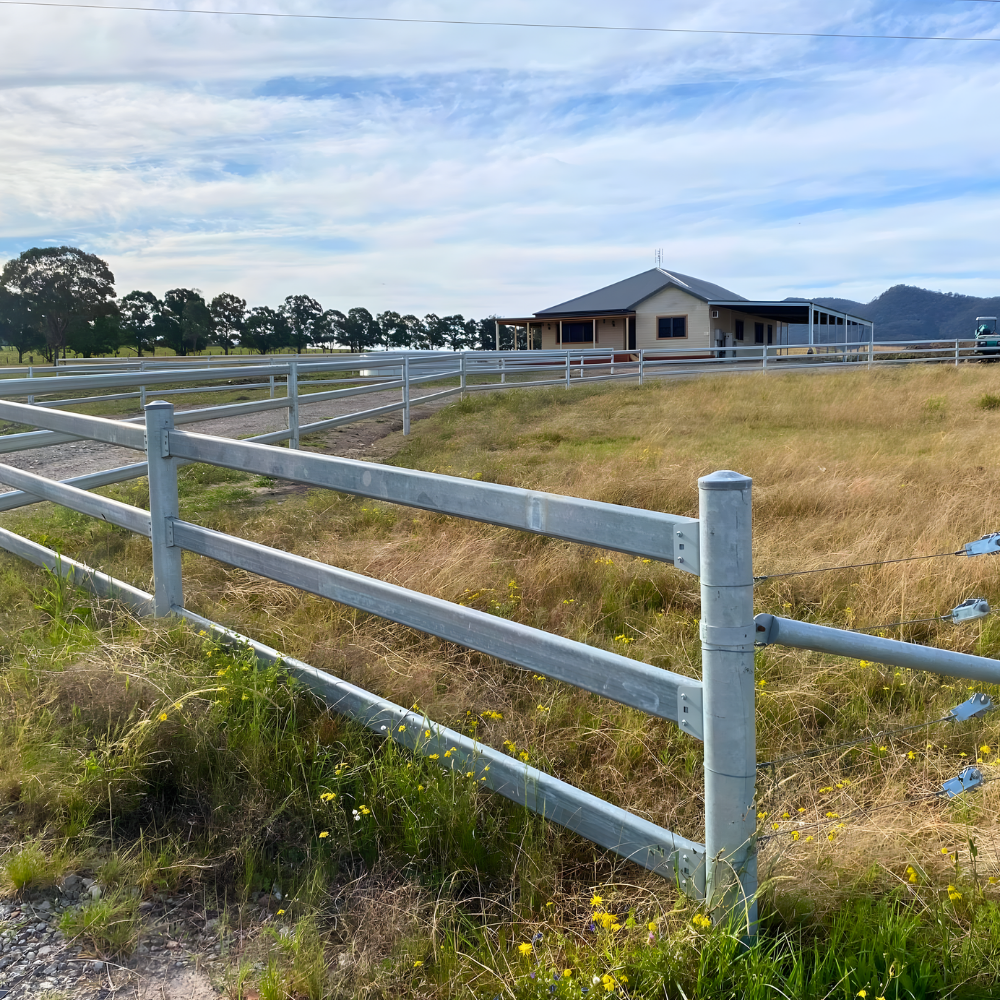 A low-angle view of a rural landscape with a metal rail fence in the foreground and a house set back on a grassy field.