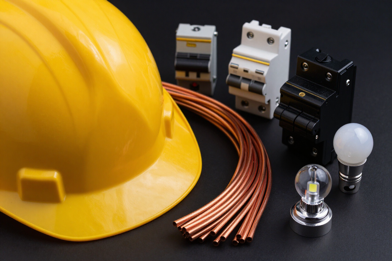 Casco amarillo con cableado eléctrico, disyuntores y bombillas sobre una superficie oscura.