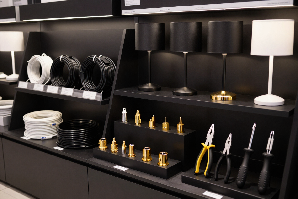 Estantería negra con platos, cubiertos, tazas, vasos y utensilios de cocina apilados sobre una encimera.