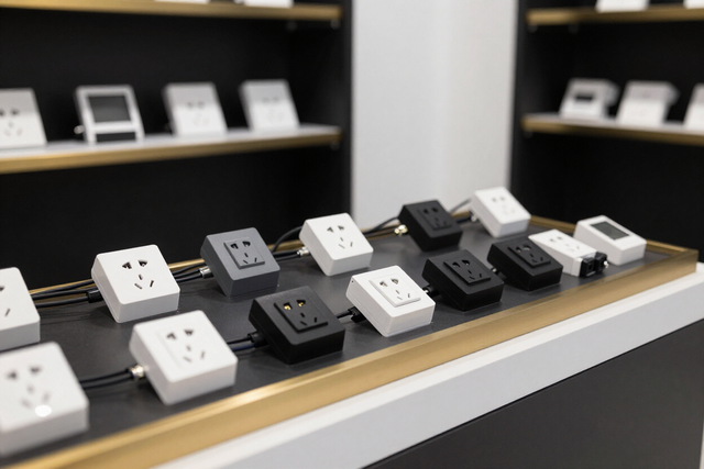 Exhibición de interruptores eléctricos blancos y negros en el mostrador de una tienda en una sala de exposición.