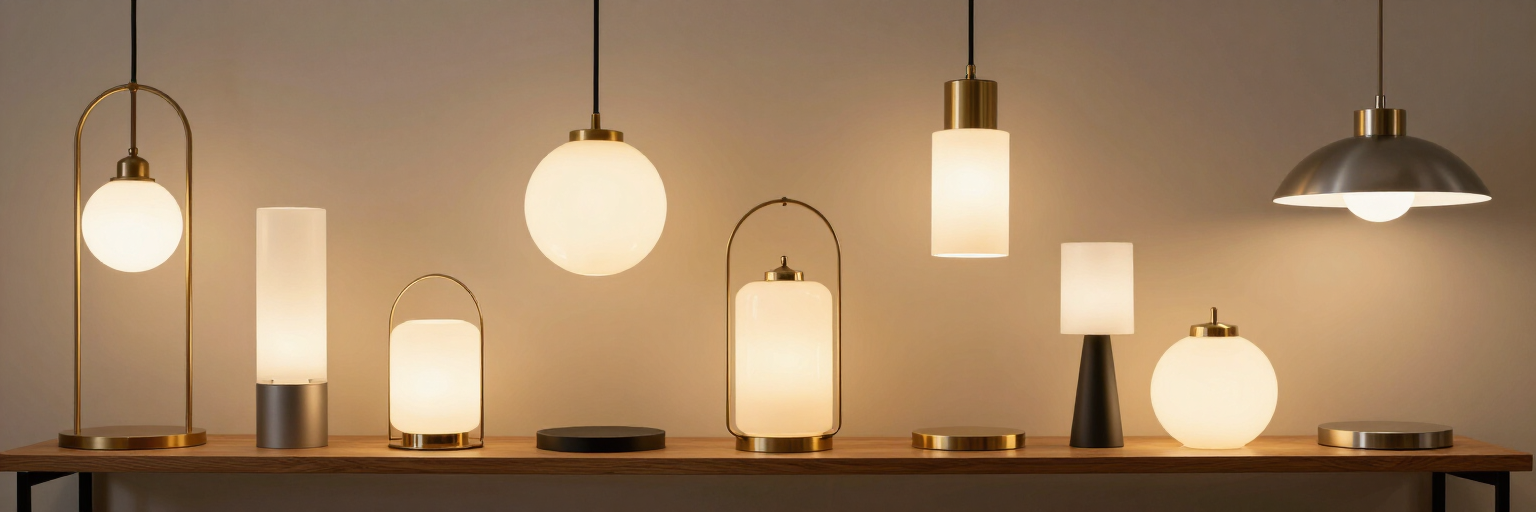 Una hilera de lámparas modernas, colgantes y de mesa, de diferentes estilos, emiten una luz cálida en un estante.