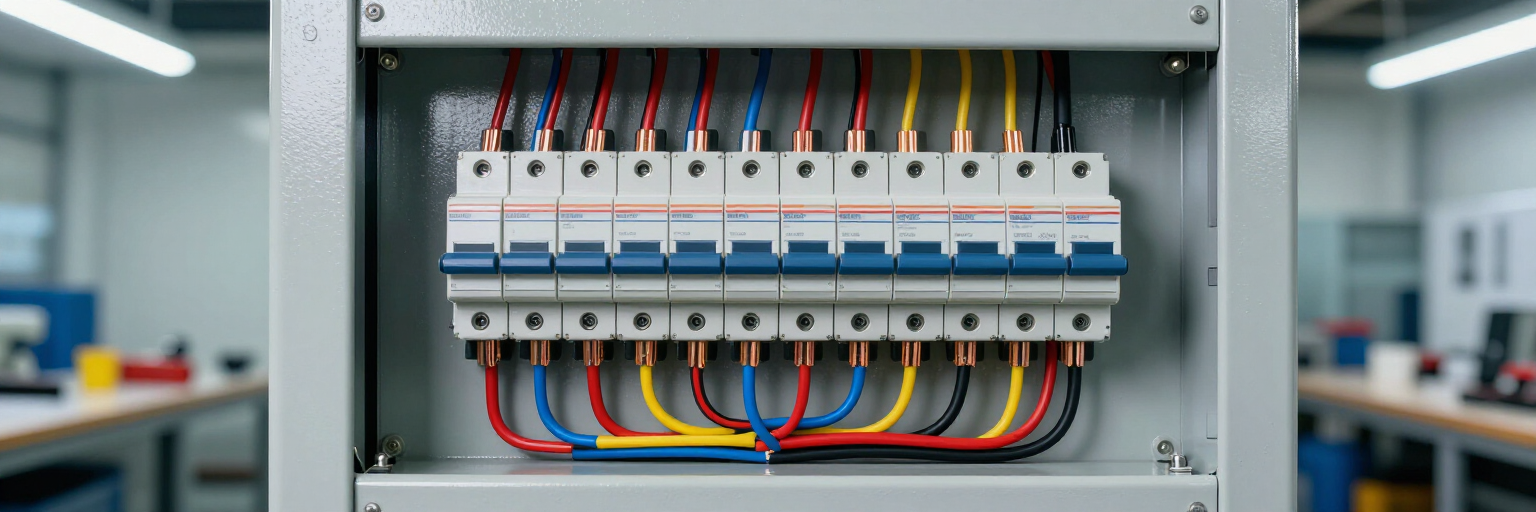 Panel de control eléctrico con filas de disyuntores y cables multicolores en un armario.