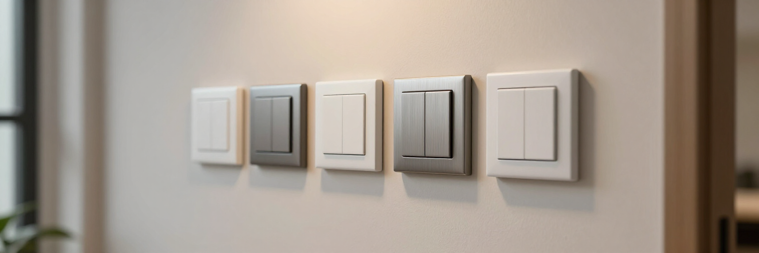 Cuatro interruptores de luz y enchufes montados en una pared beige junto a una puerta.