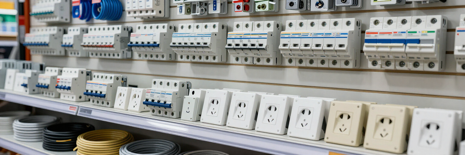 Exhibición de artículos eléctricos con filas de interruptores de pared, enchufes y disyuntores en una tienda.