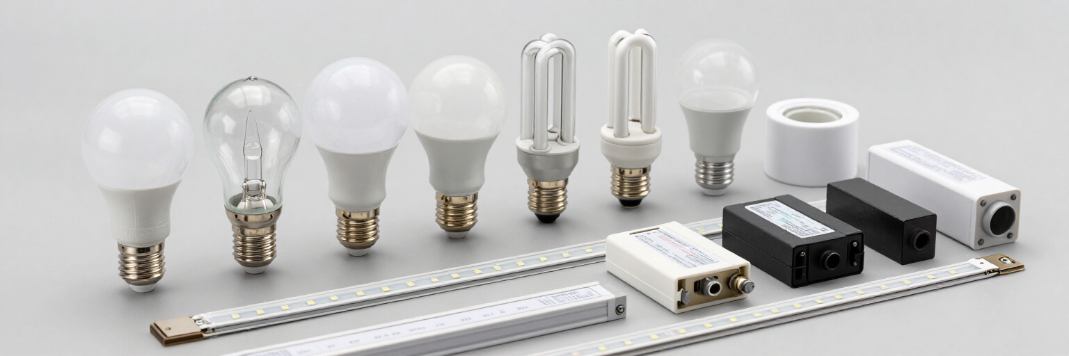 Surtido de bombillas LED e incandescentes con accesorios y componentes de iluminación sobre un fondo blanco.
