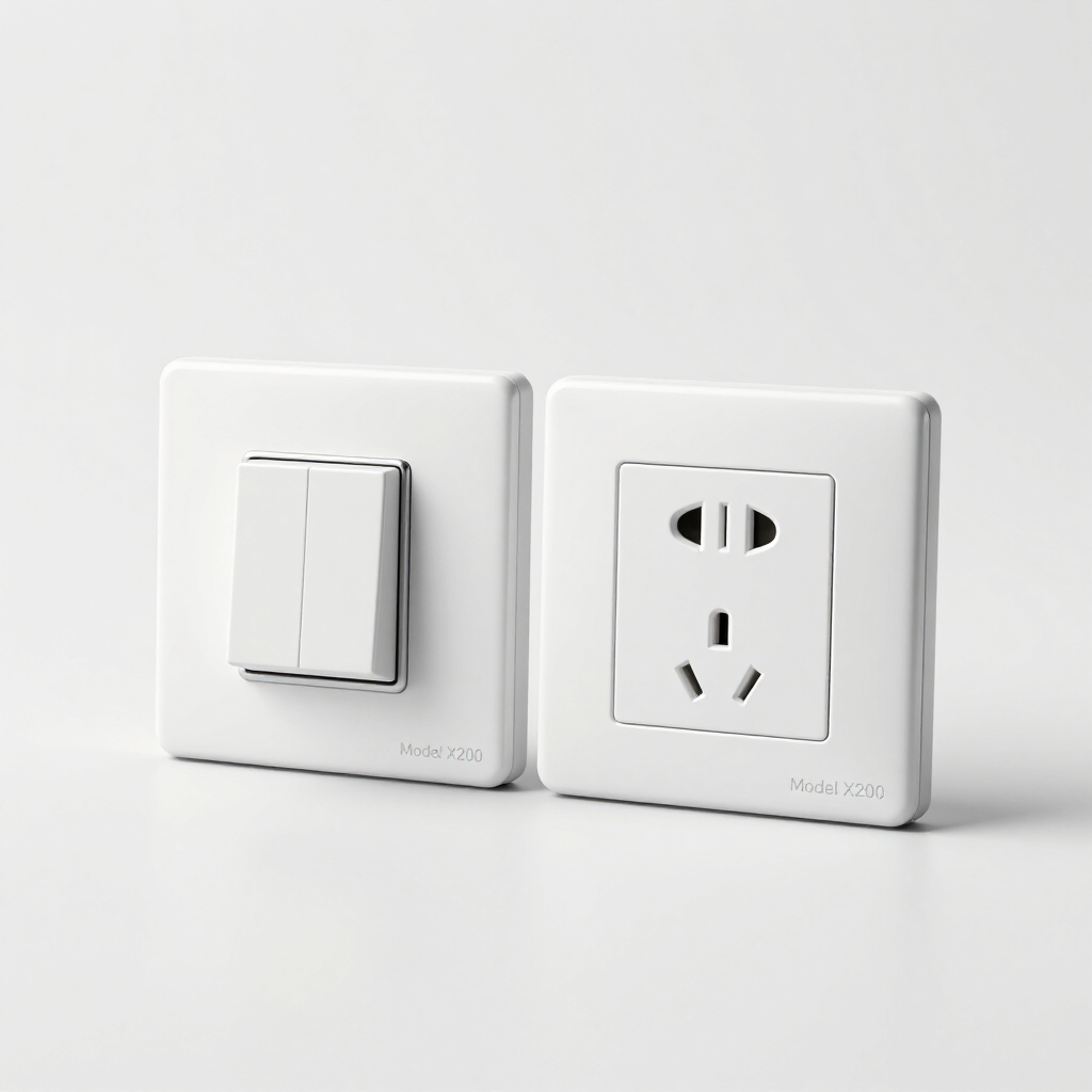 Interruptor de pared blanco y toma de corriente sobre una superficie blanca limpia.