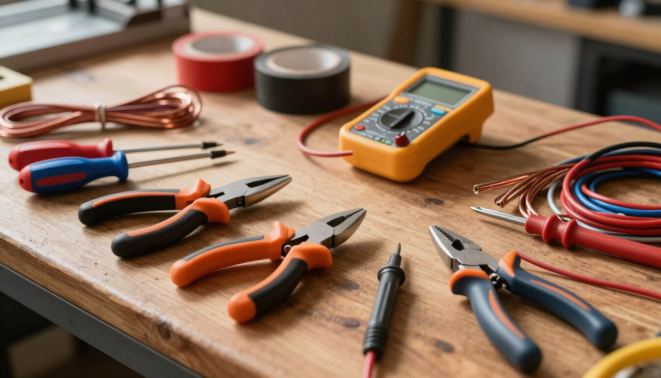 Varias herramientas manuales, cables y un multímetro sobre un banco de trabajo de madera en un taller.