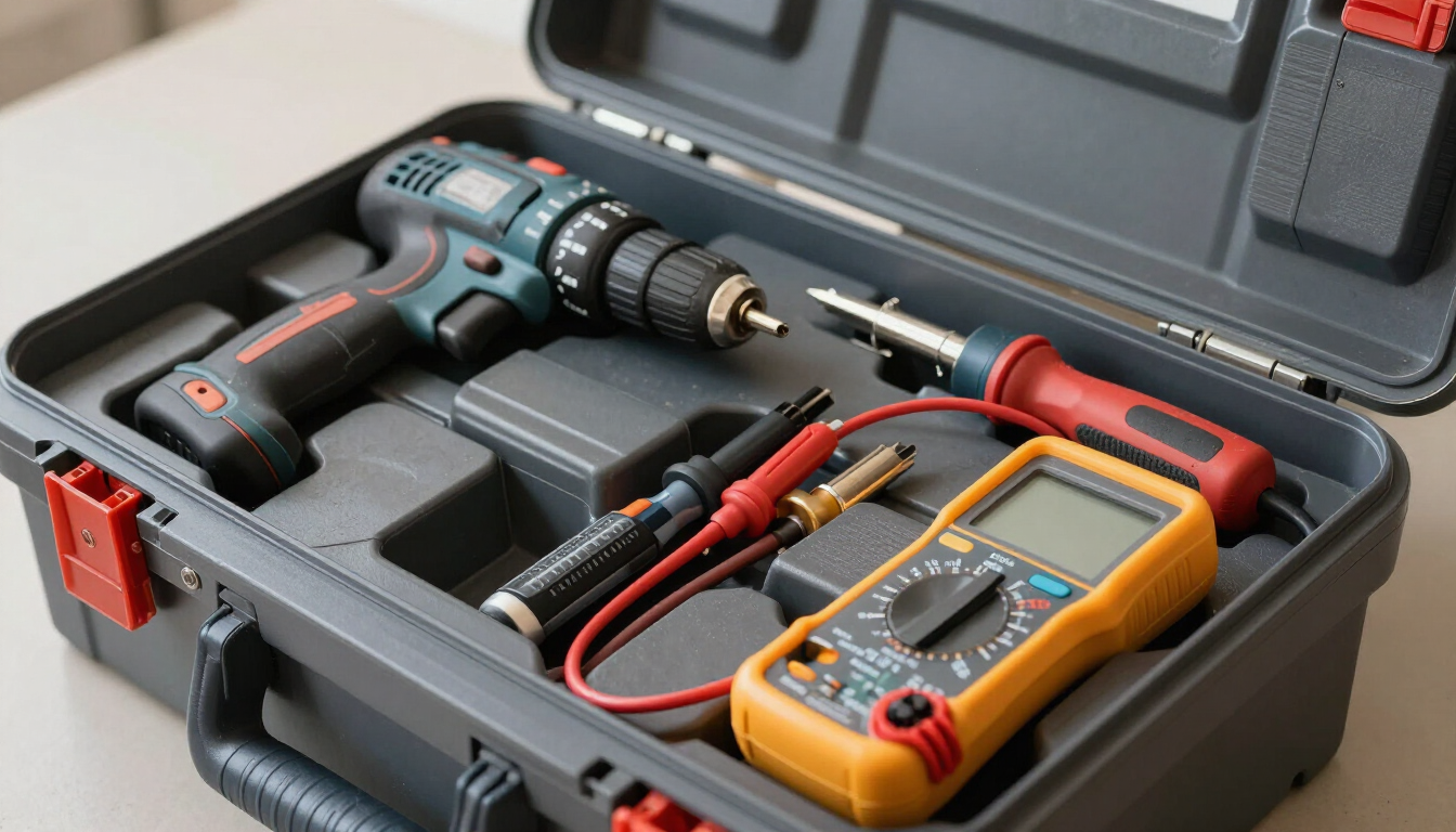 Kit de herramientas con taladro inalámbrico, multímetro digital, cables y accesorios en un estuche rígido.