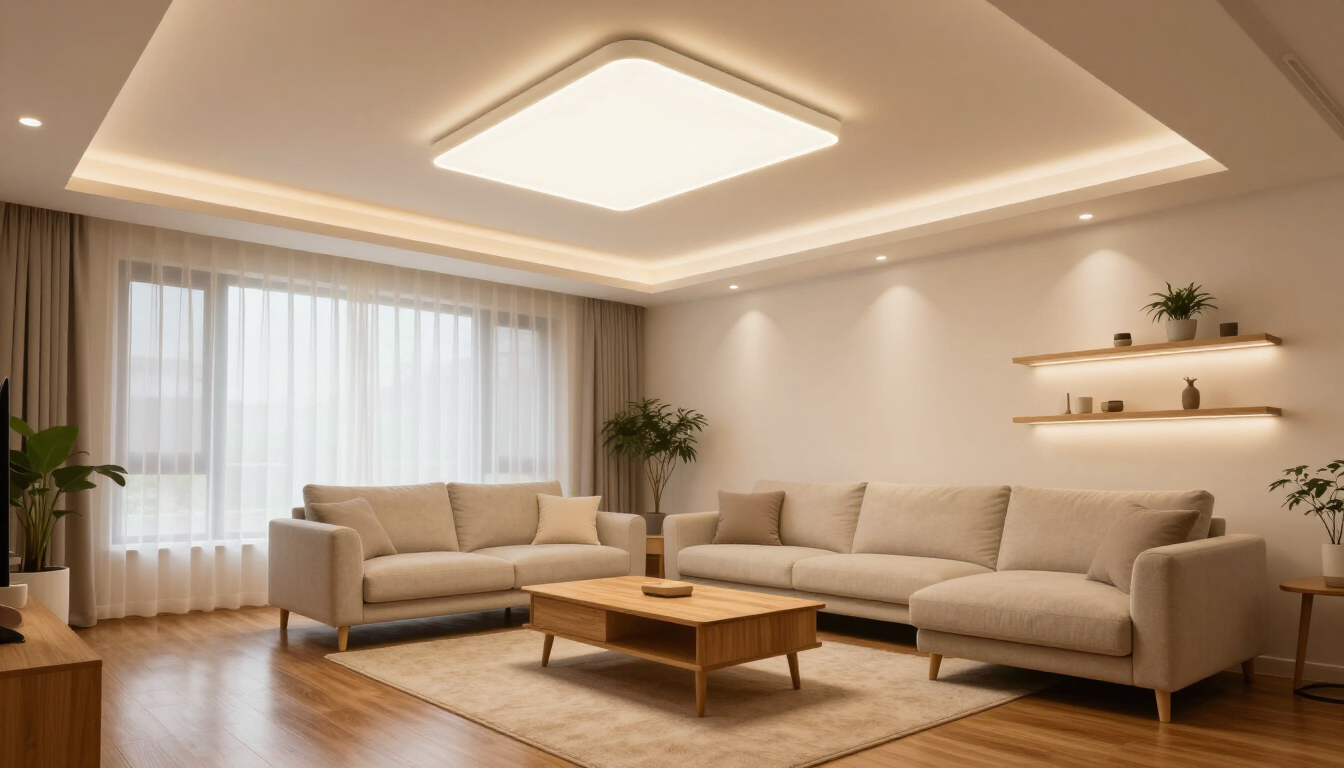 Luminoso salón moderno con sofás beige, mesa de centro de madera, gran ventanal e iluminación cálida en el techo.