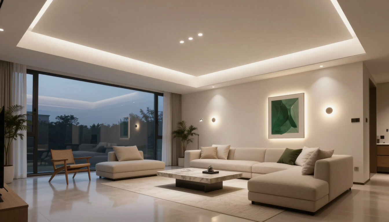 Sala de estar moderna de color beige con sofá modular, mesa de centro, grandes ventanales e iluminación empotrada.