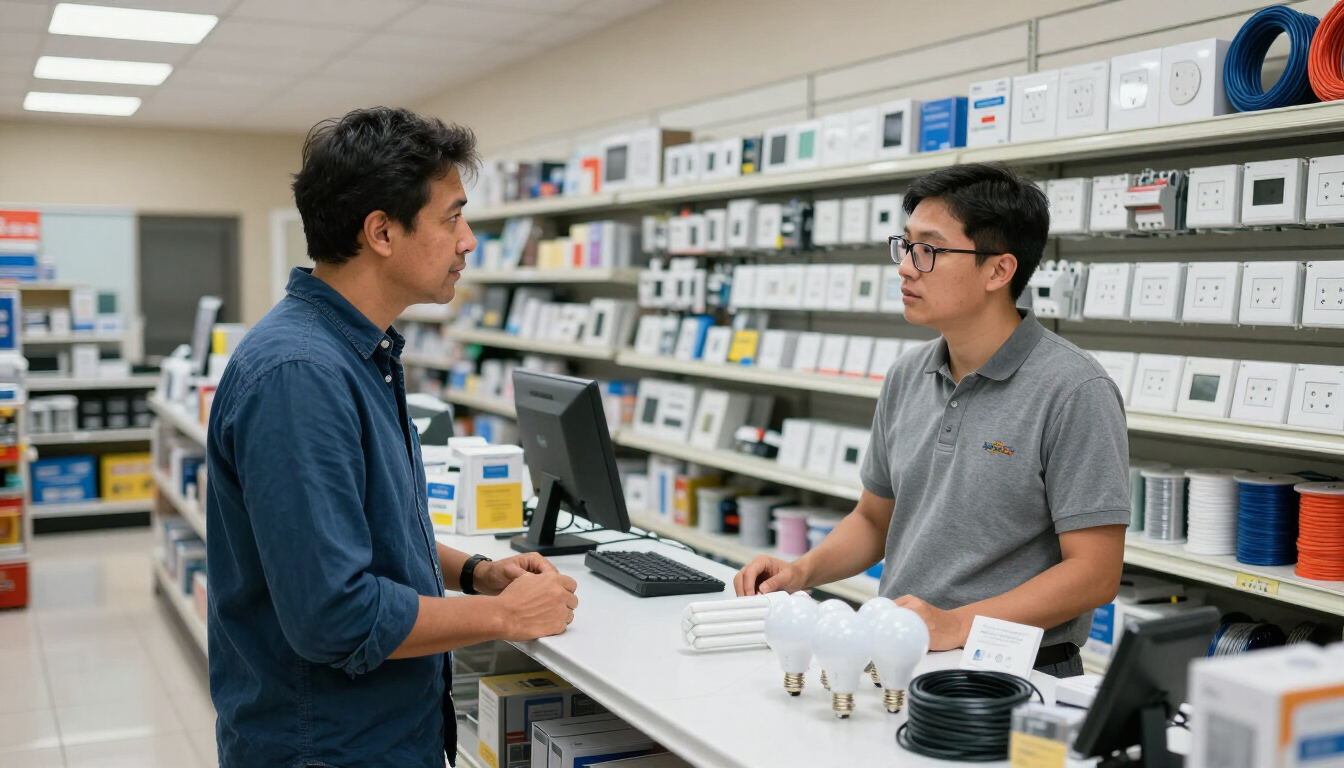 Dos hombres conversando en el mostrador de una tienda de electrónica con estantes llenos de dispositivos detrás.