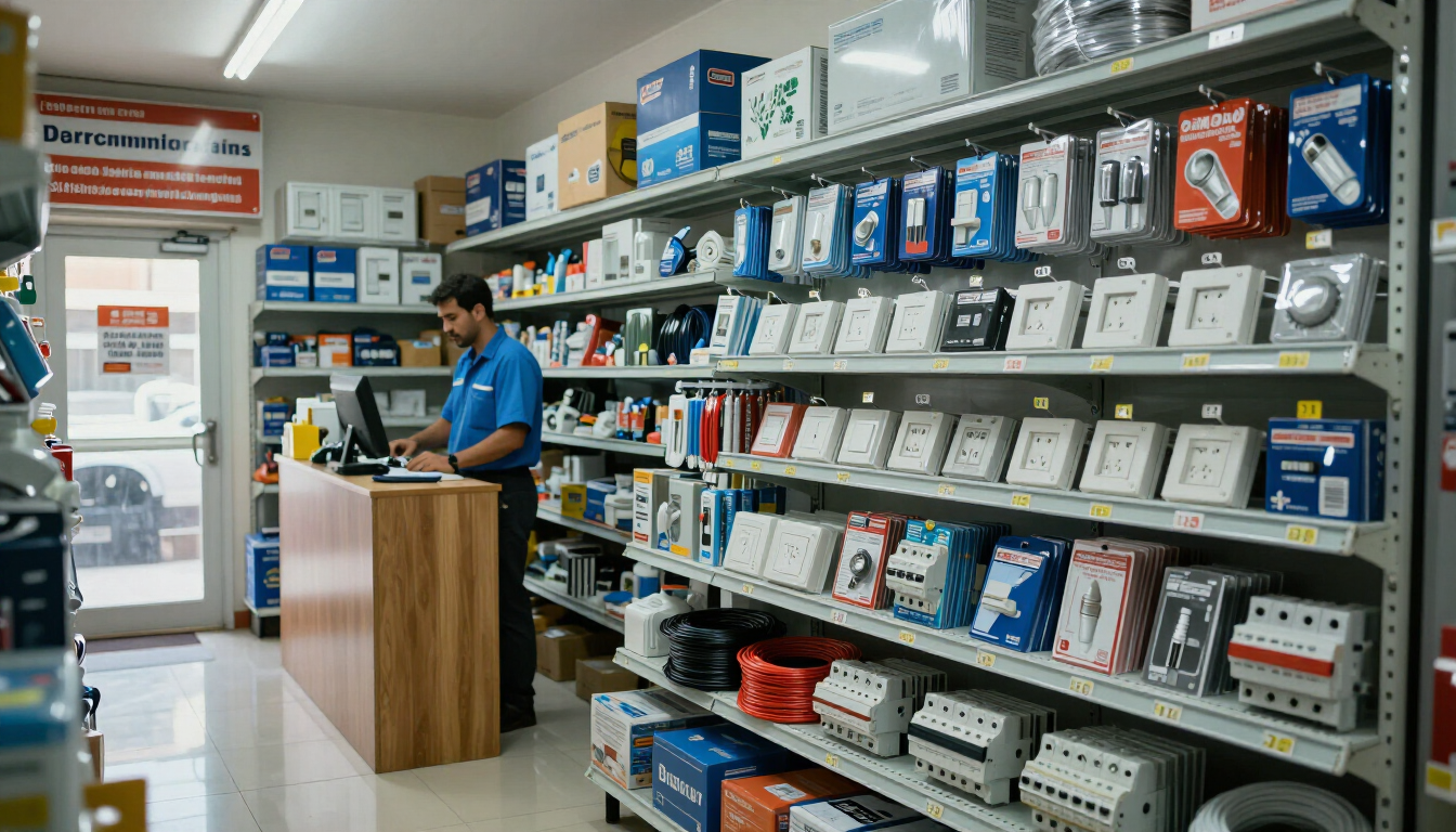 Pasillo de una tienda de electrónica con estantes llenos de aparatos en cajas y un dependiente de pie en el mostrador.