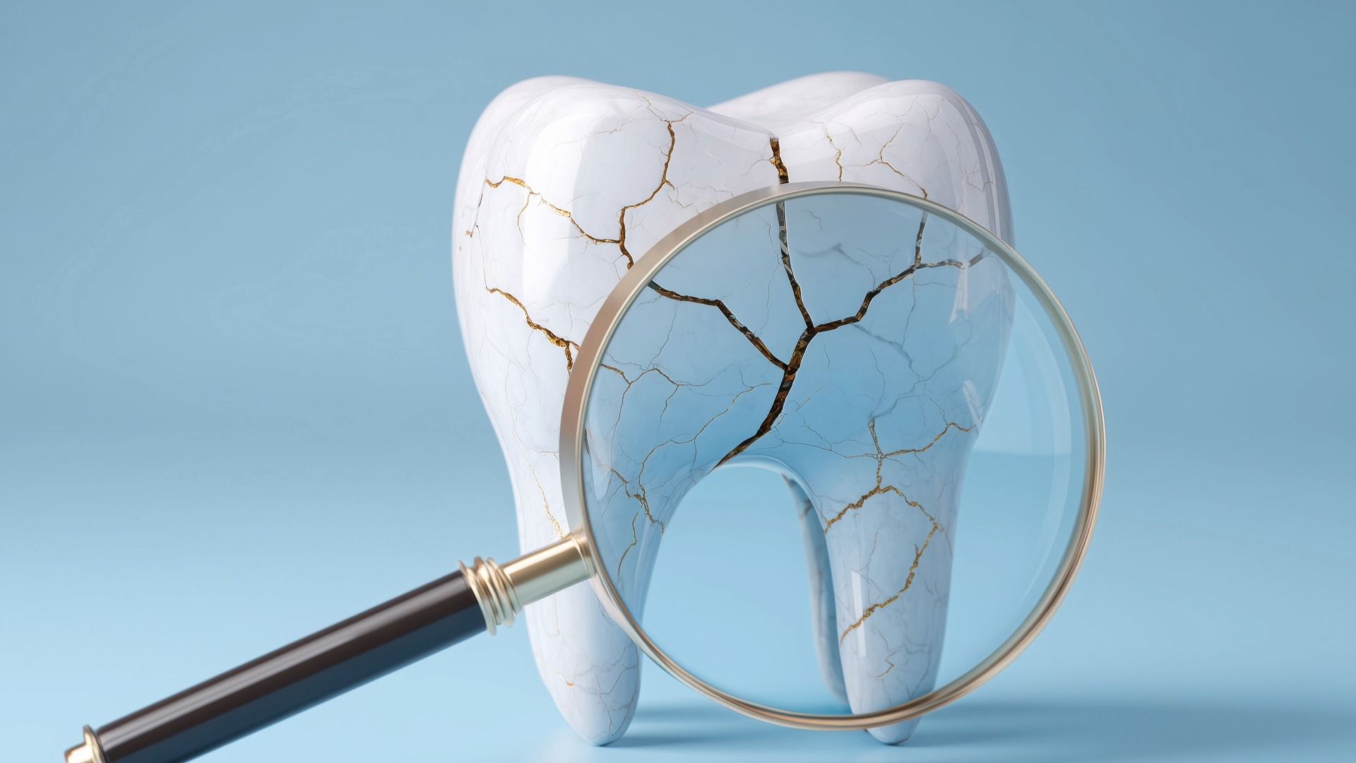 A tooth with a magnifying glass showing cracks in a large white tooth.