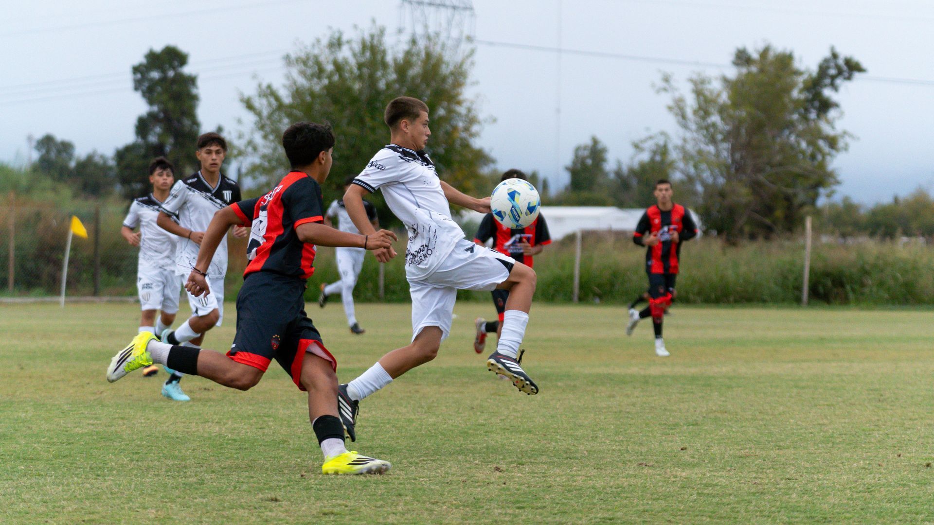 Soccer players in white and red-black uniforms compete for the ball on a grassy field.