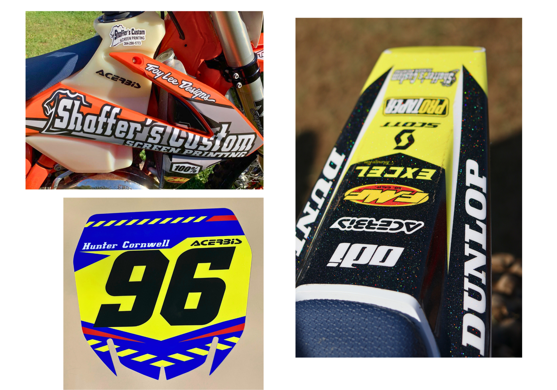 Motorcycle number plates and sponsor decals in orange, yellow, blue, and black.