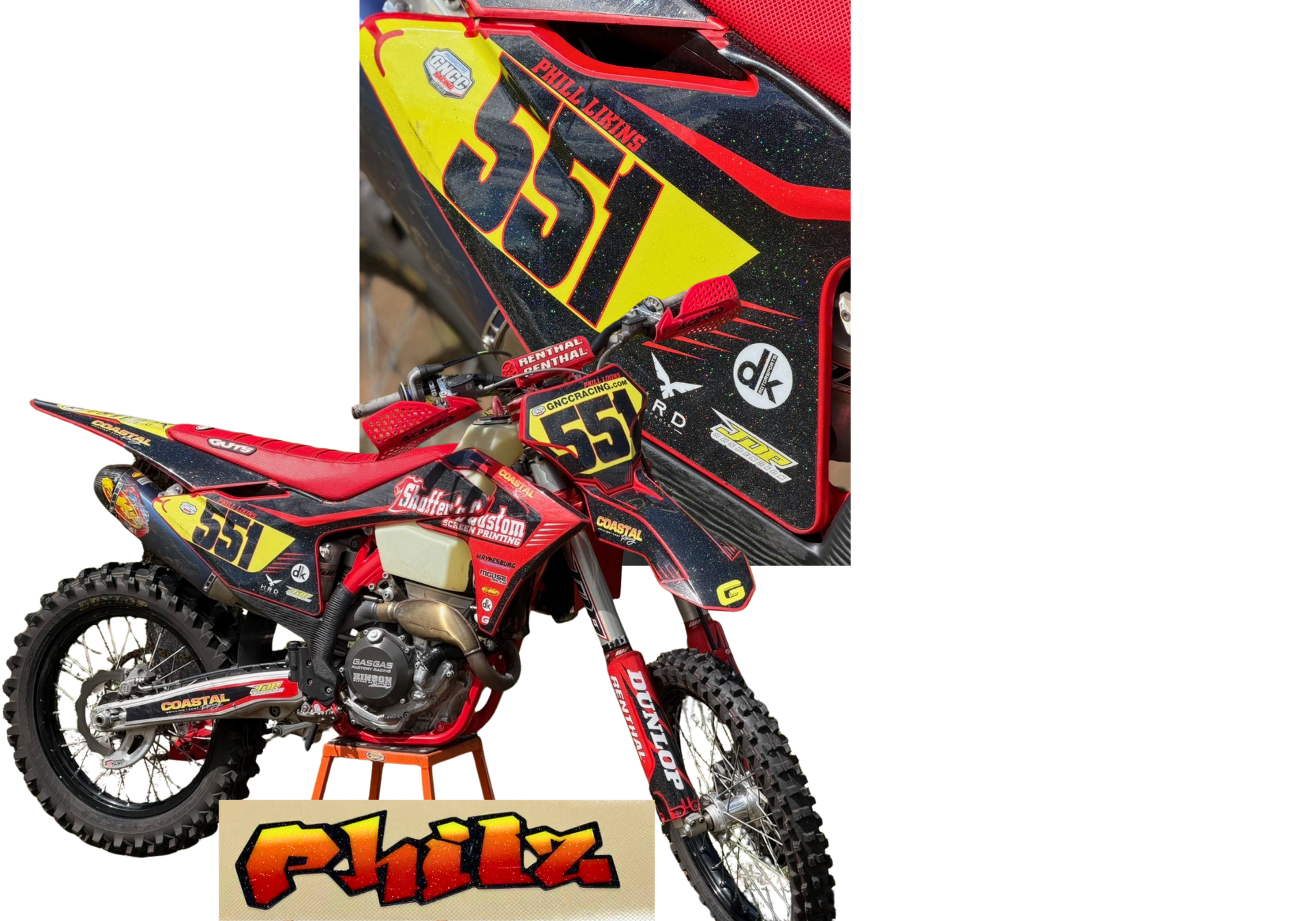 Red motocross bike with yellow and black racing graphics and the number 251.