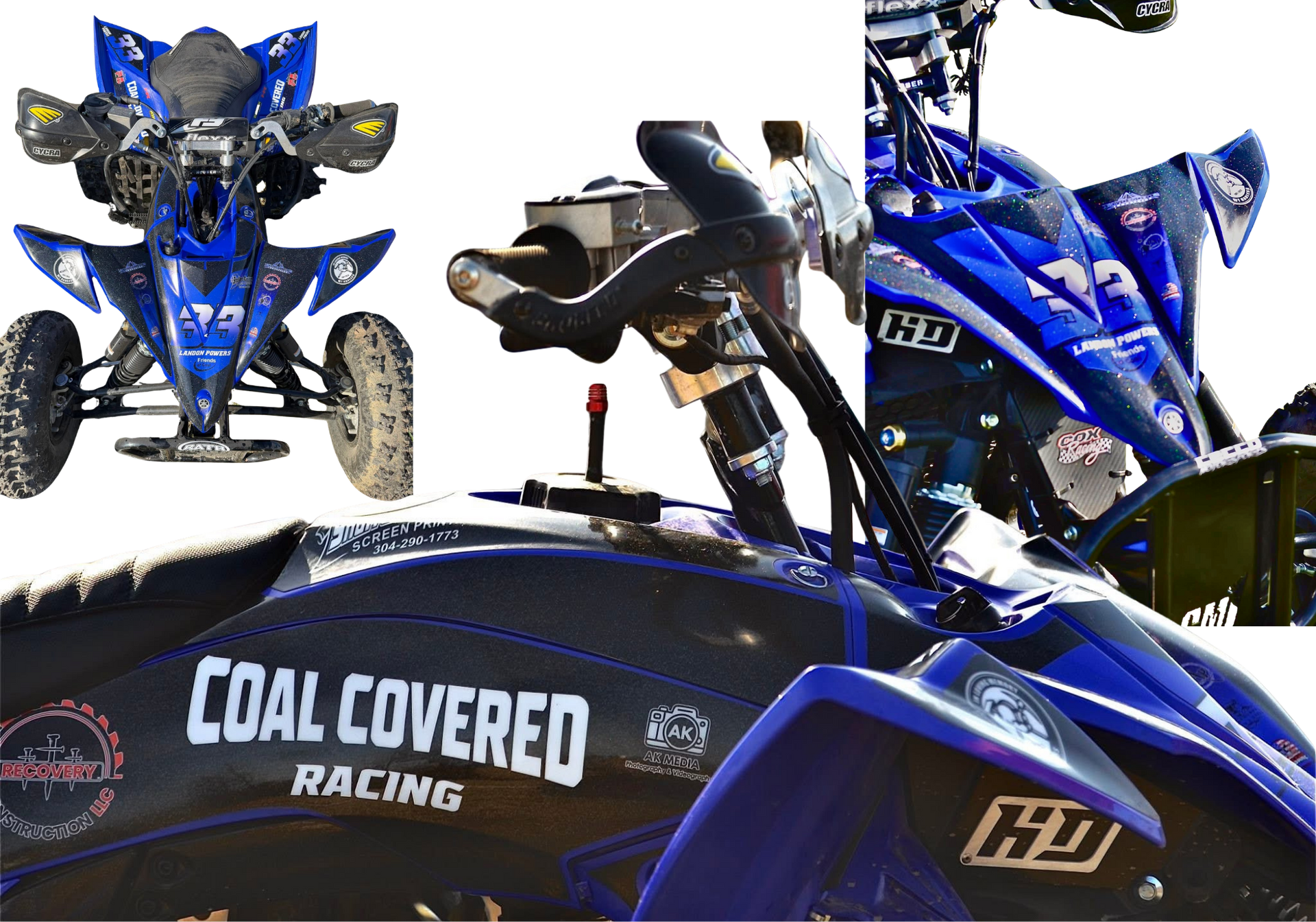 Blue-and-black ATV with “COAL COVERED RACING” lettering, shown in front and side views outdoors