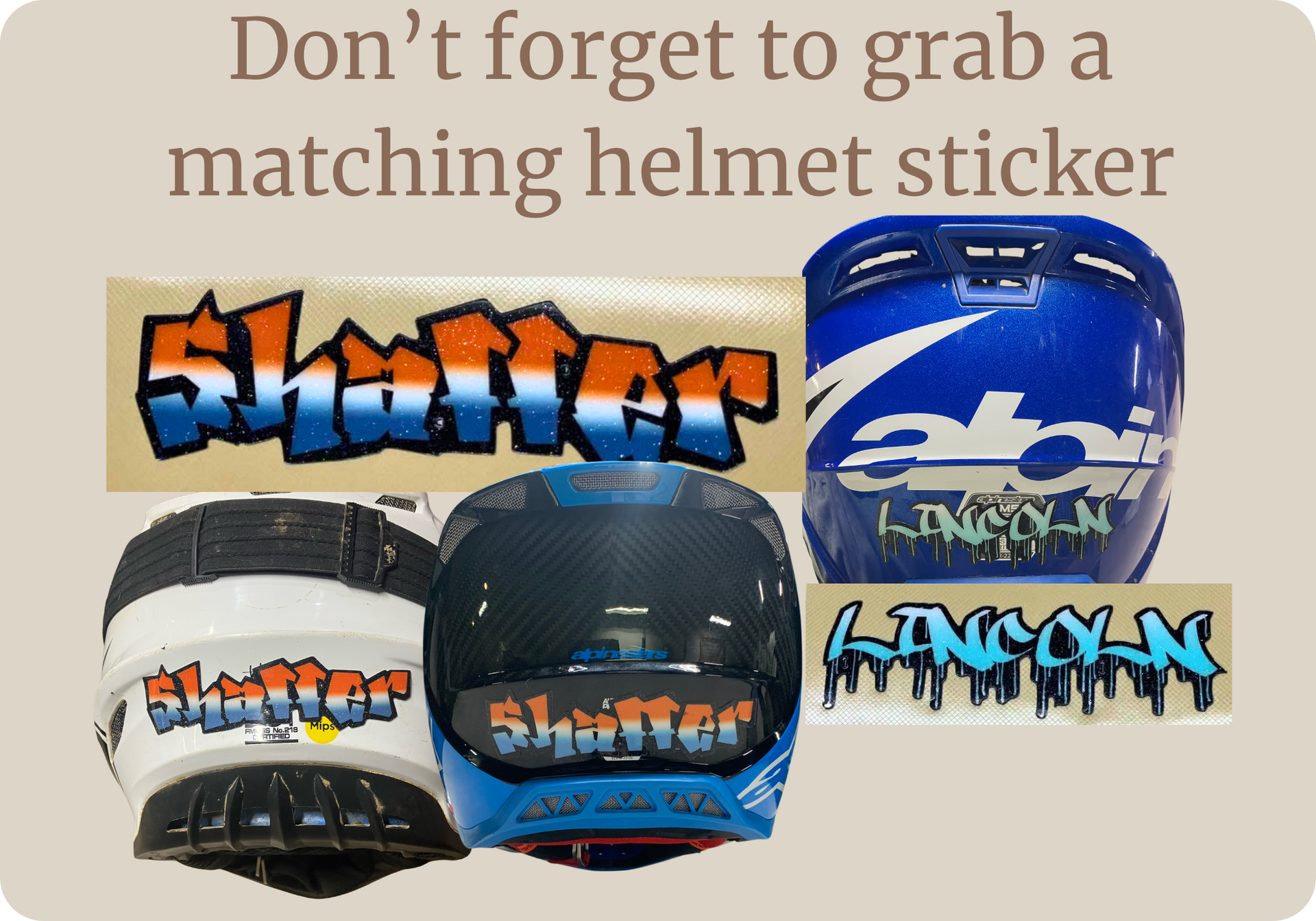 Helmet sticker ad with blue and black “Shifter” and “Legacy” designs and matching helmets.