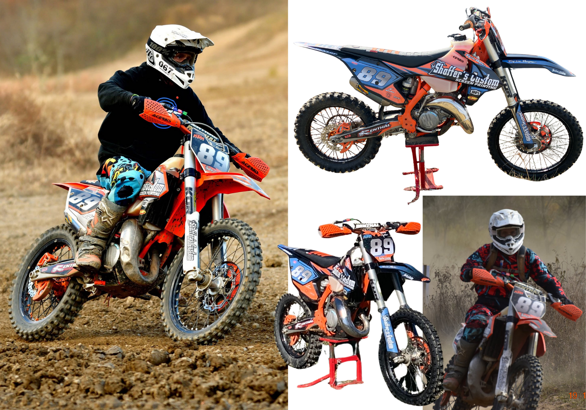 Motocross rider on an orange dirt bike, with three smaller action shots of the rider jumping and racing nearby