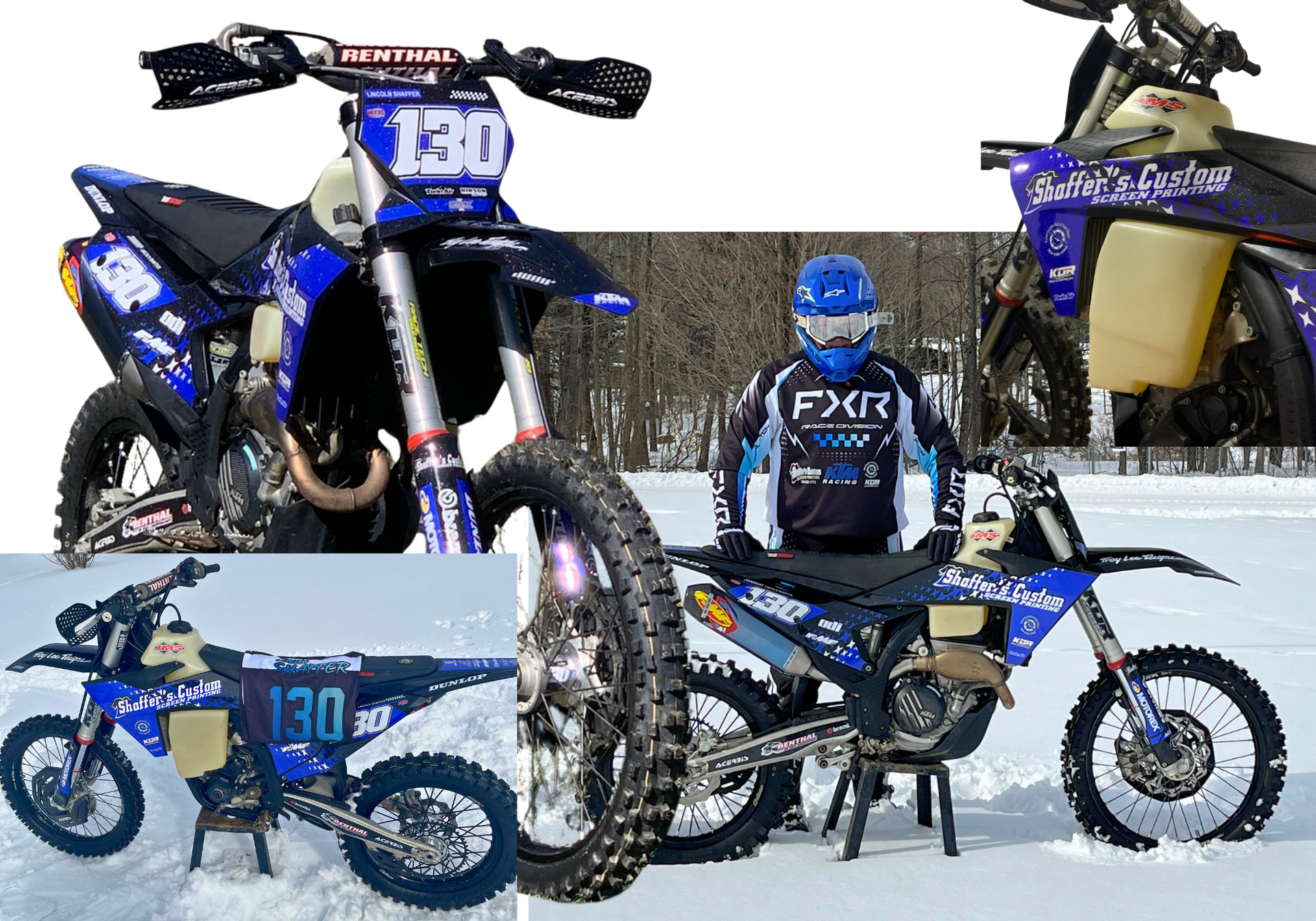 Four views of a blue dirt bike racing in snowy conditions, numbered 130, with an FXR rider jersey.