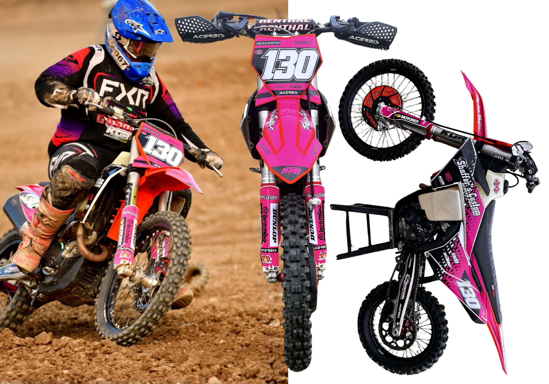 Motocross rider in pink gear on a dirt bike, with a rear-wheel stunt pose on the right.