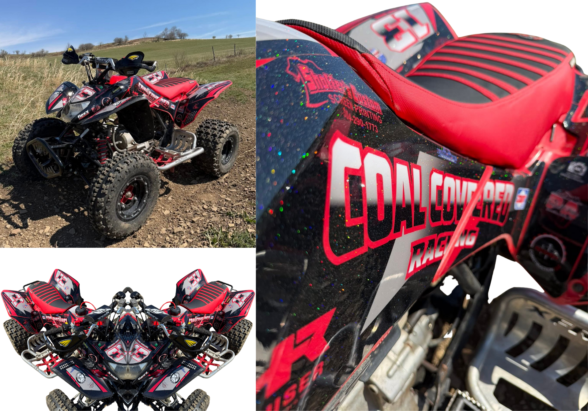 Collage of a red-and-black off-road ATV, side views and a close-up of the seat and graphics.