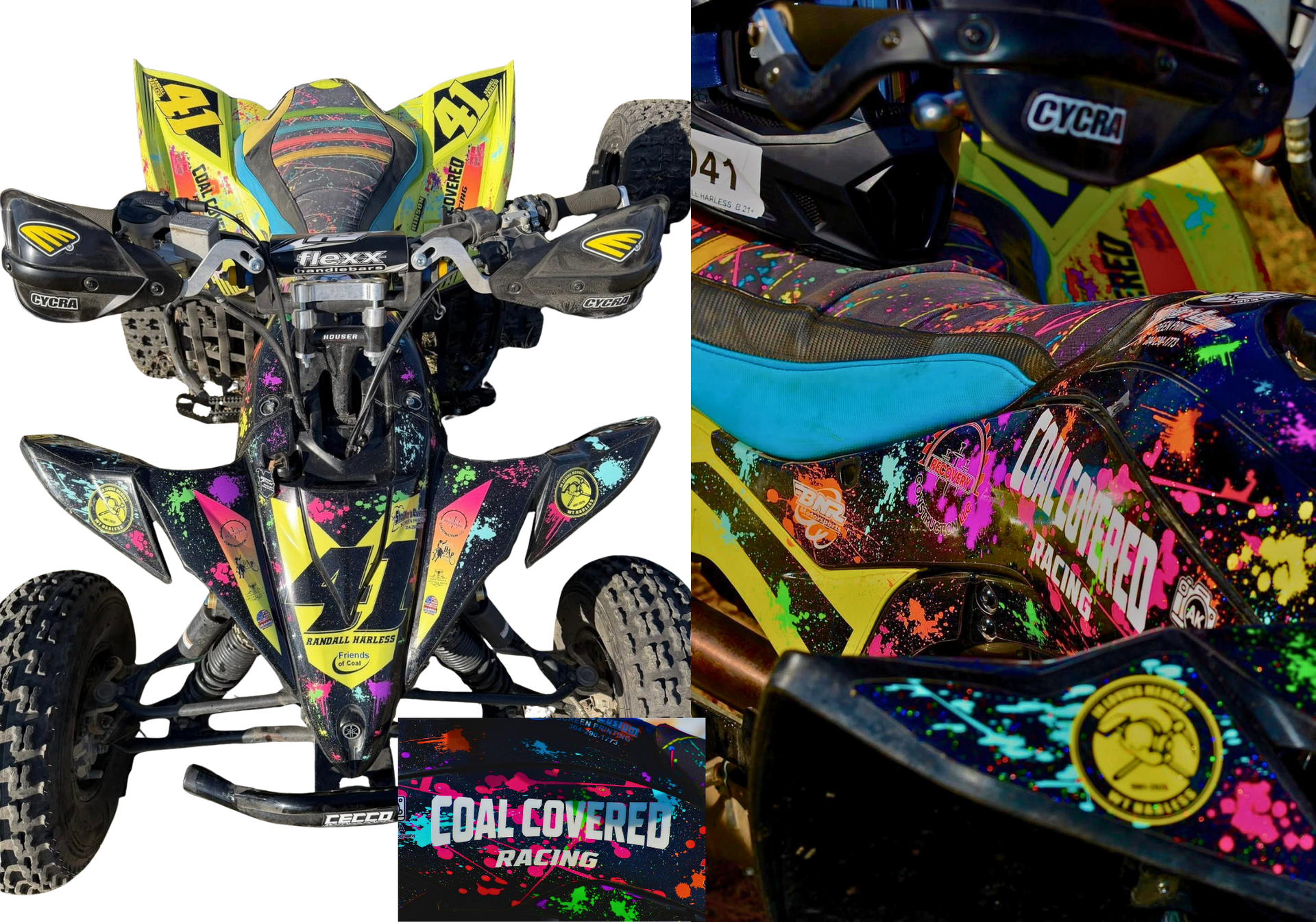 Colorful custom ATV with neon graffiti-style graphics on a white background