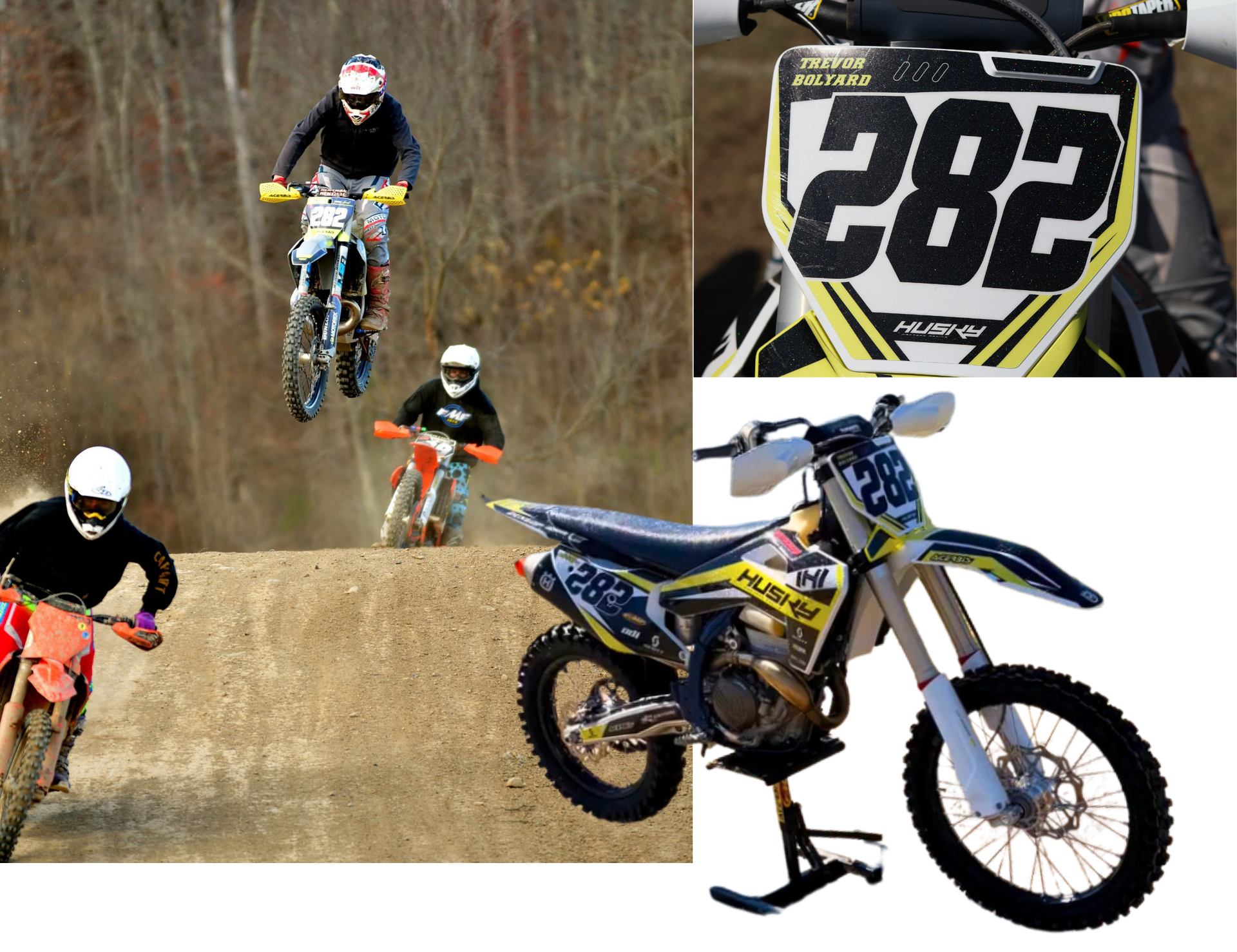 Motocross riders on a dirt track, with a close-up of bike number 282 and a blue dirt bike.