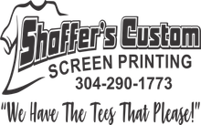 Shafer&rsquo;s Custom Screen Printing logo with phone number 304-290-1773 and slogan &ldquo;We Have The Tees That Please!&rdquo;