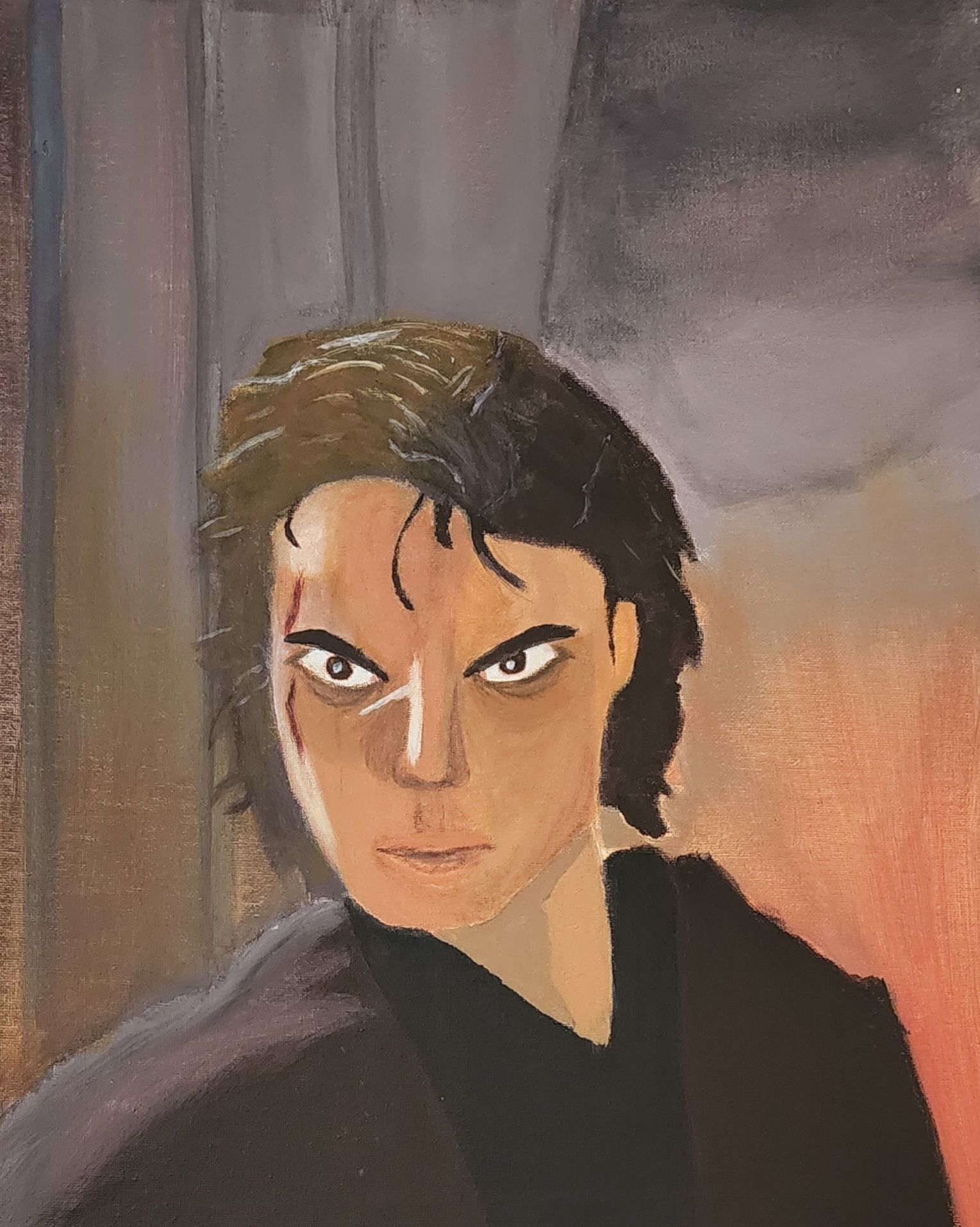 Painting of a determined person with dark hair, a scar, and a stern expression.