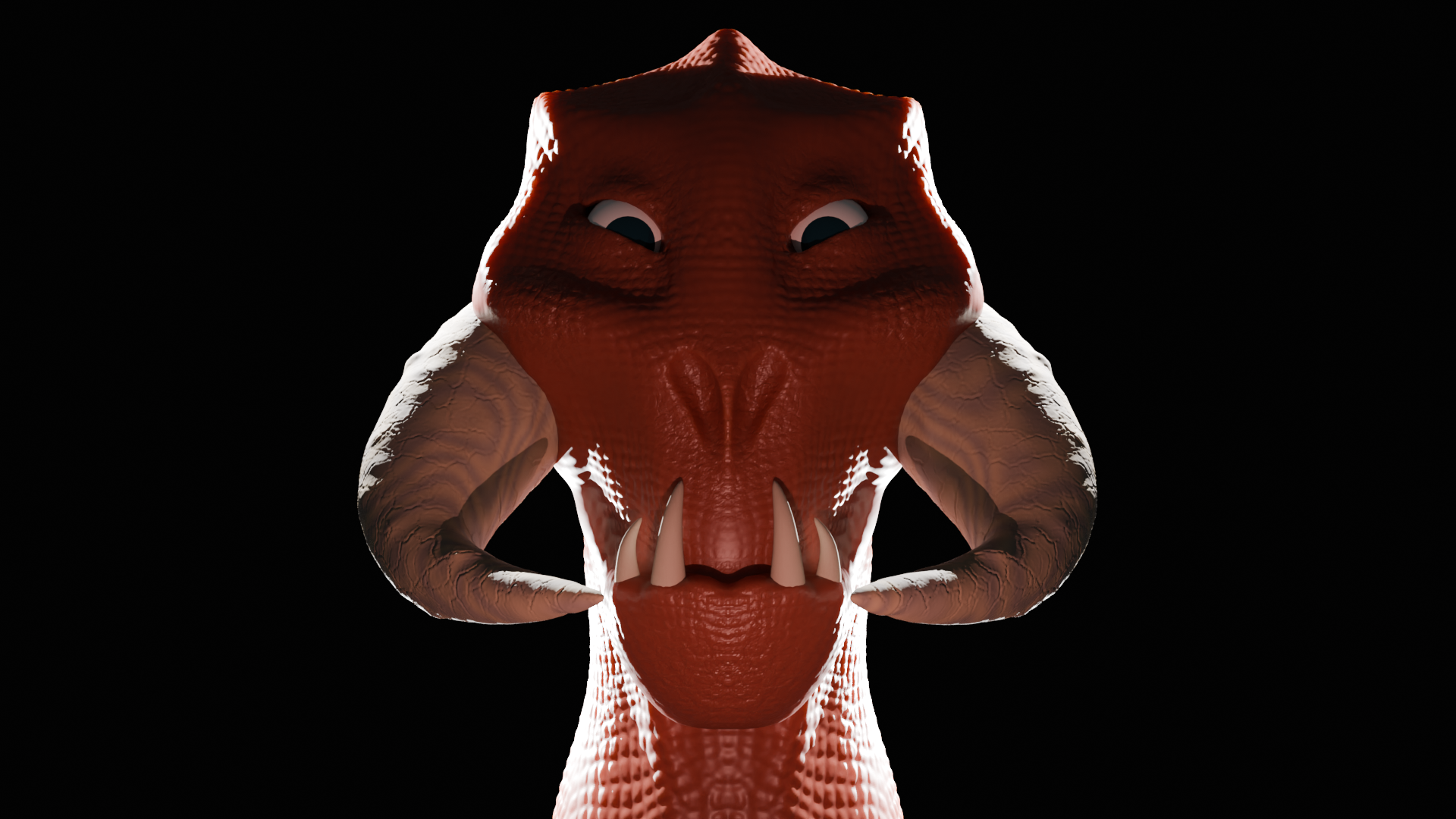Red dragon head with horns, staring forward. Dark background.