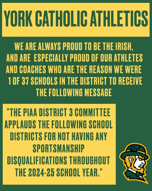 York Catholic Athletics celebrating good sportsmanship: text in green and gold, with a leprechaun graphic.