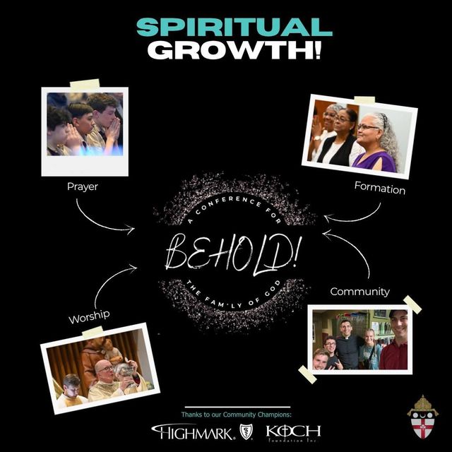Spiritual growth diagram: prayer, fellowship, community, and worship around "Behold!" on a black background.
