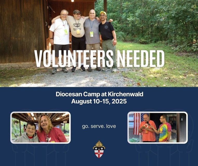 Volunteers needed at Diocesan Camp at Kirchenwald, August 10-15, 2025. People standing, smiling; "go. serve. love."