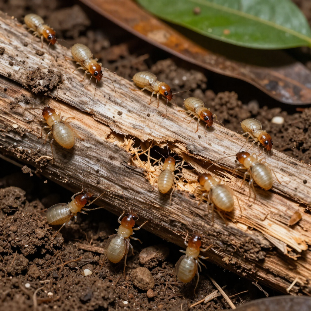 A group of termites crawling on a piece of weathered wood on dark soil.