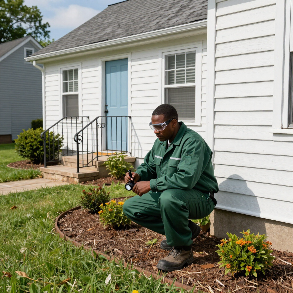 A pest control technician in a green uniform and safety glasses inspects a flower bed outside a white house.