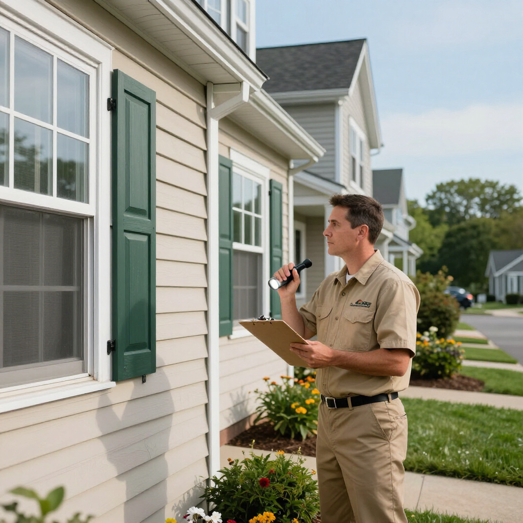 A professional in a tan uniform holds a flashlight and clipboard while inspecting the exterior of a light-colored home.