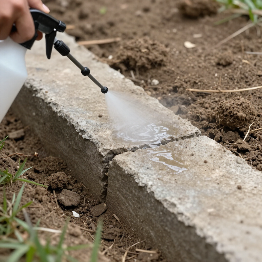 A person sprays water from a handheld sprayer onto a concrete garden border in a dirt yard. A person sprays water from a handheld sprayer onto a concrete garden border in a dirt yard.