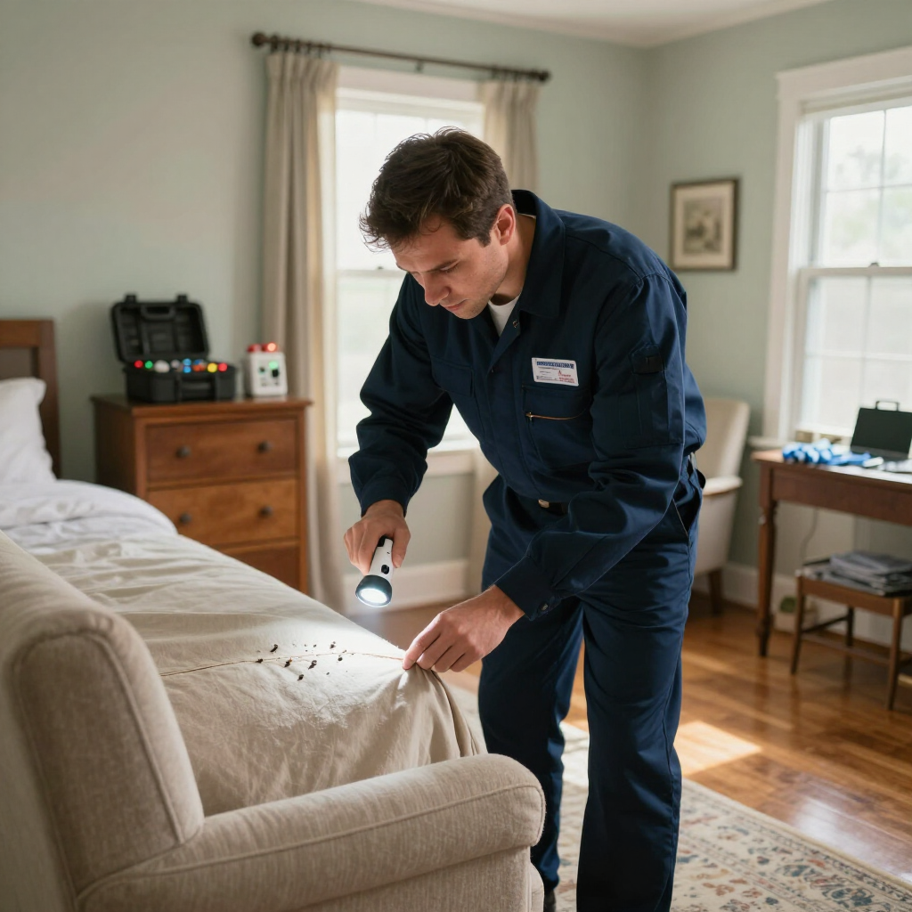 A pest control professional in a blue uniform uses a flashlight to inspect a bed for pests in a bedroom. A pest control professional in a blue uniform uses a flashlight to inspect a bed for pests in a bedroom.