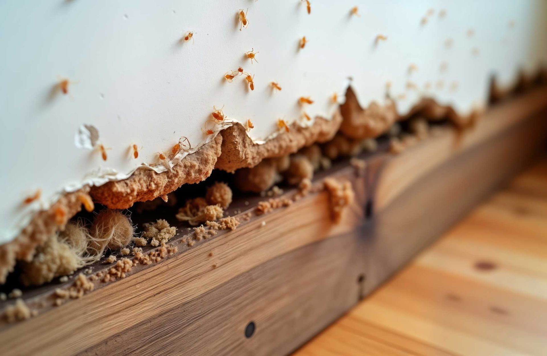 Bees clustered along a damaged white wall and wooden trim indoors Bees clustered along a damaged white wall and wooden trim indoors