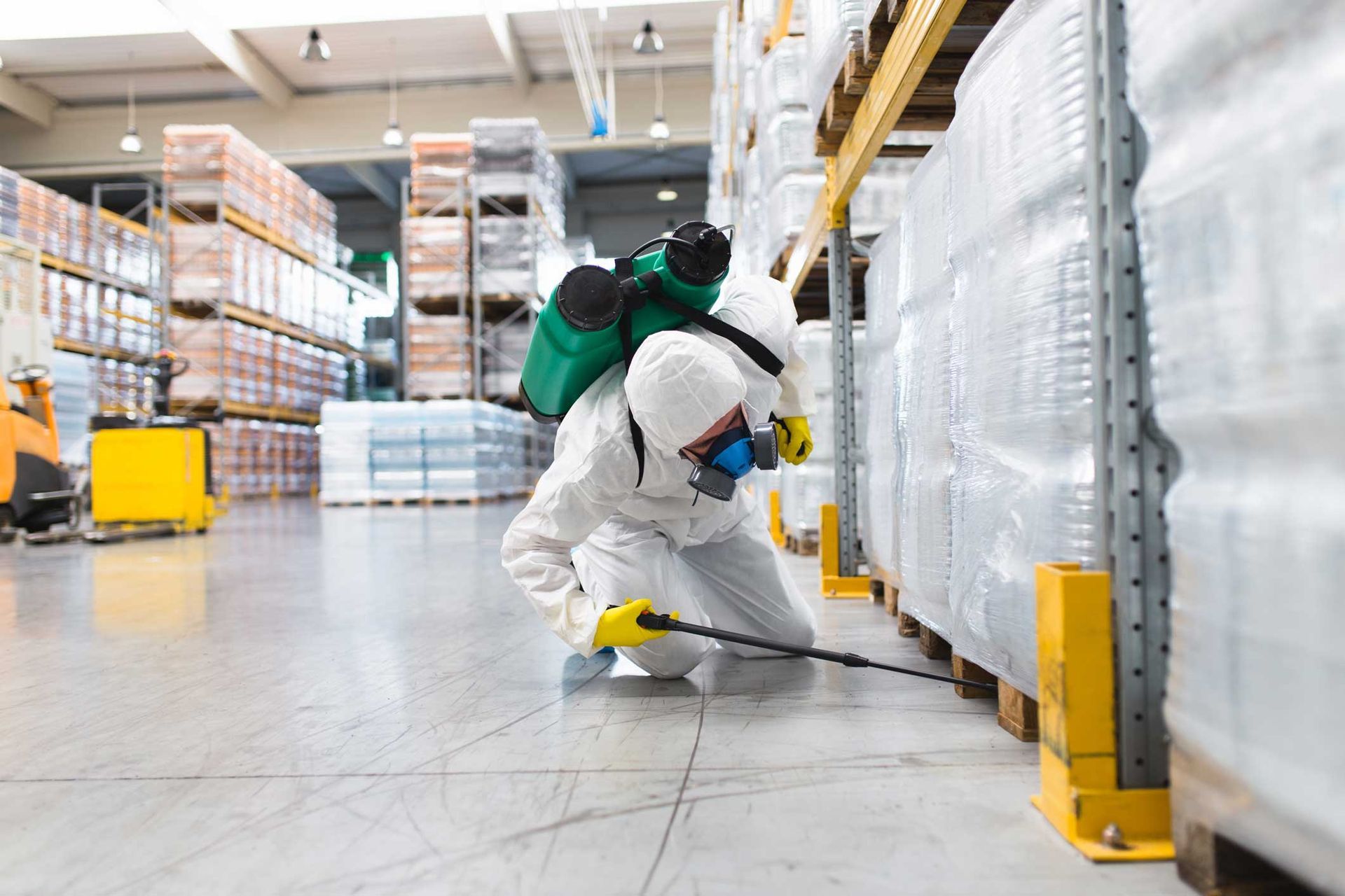 Worker in hazmat suit spraying white shelves in a warehouse aisle